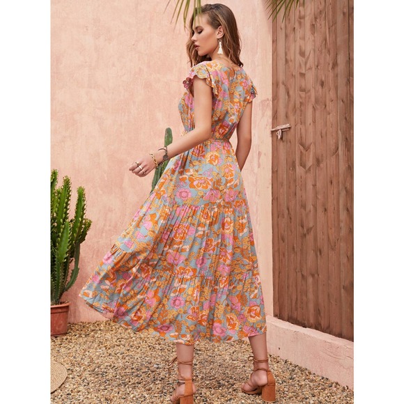 Floral short Sleeve midi Dress boho blue orange - Picture 2 of 4